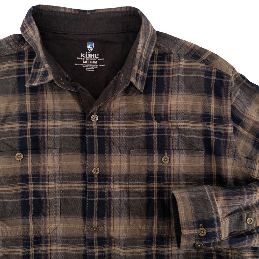 KUHL Mens Medium Fugitive Flannel Shirt Brown Plaid Long Sleeve 7202 Gorpcore